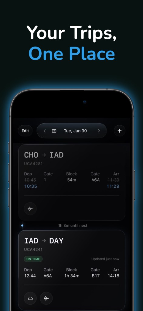 Aerflow App Store preview: Your Trips, One Place — schedule day view on iPhone